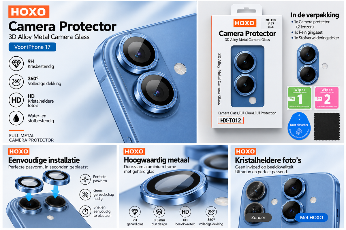 HOXO 3D metal camera lens protector for iPhone 17 – Blue