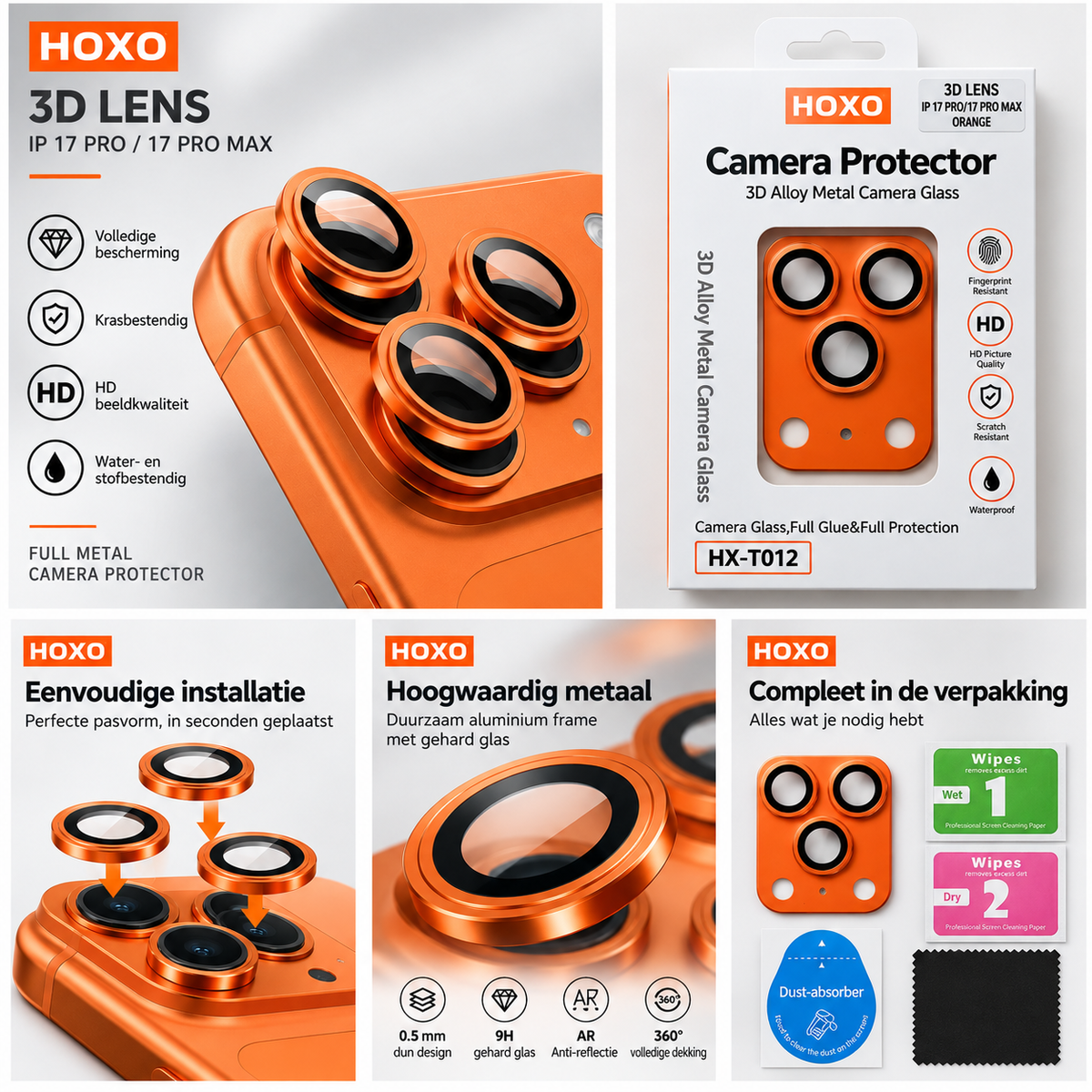 HOXO 3D metal camera lens protector for iPhone 17 Pro / iPhone 17 Pro Max – Orange