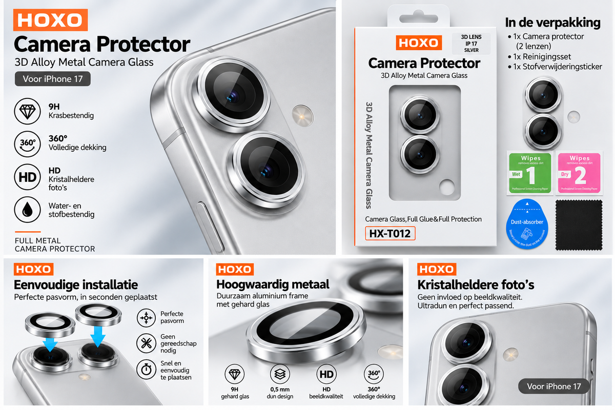 HOXO 3D metal camera lens protector for iPhone 17 – Silver