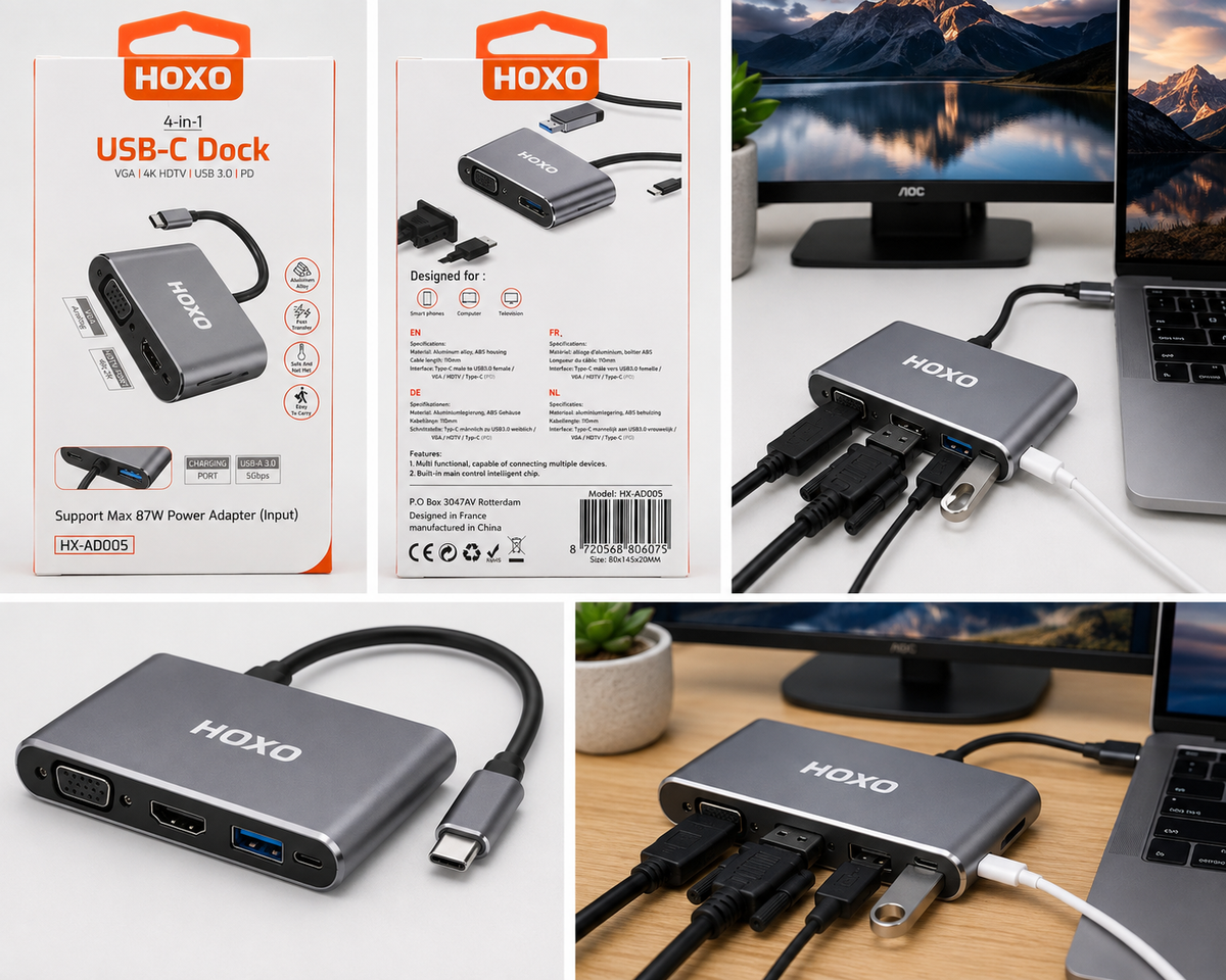 HOXO 4-in-1 USB-C to VGA Hub