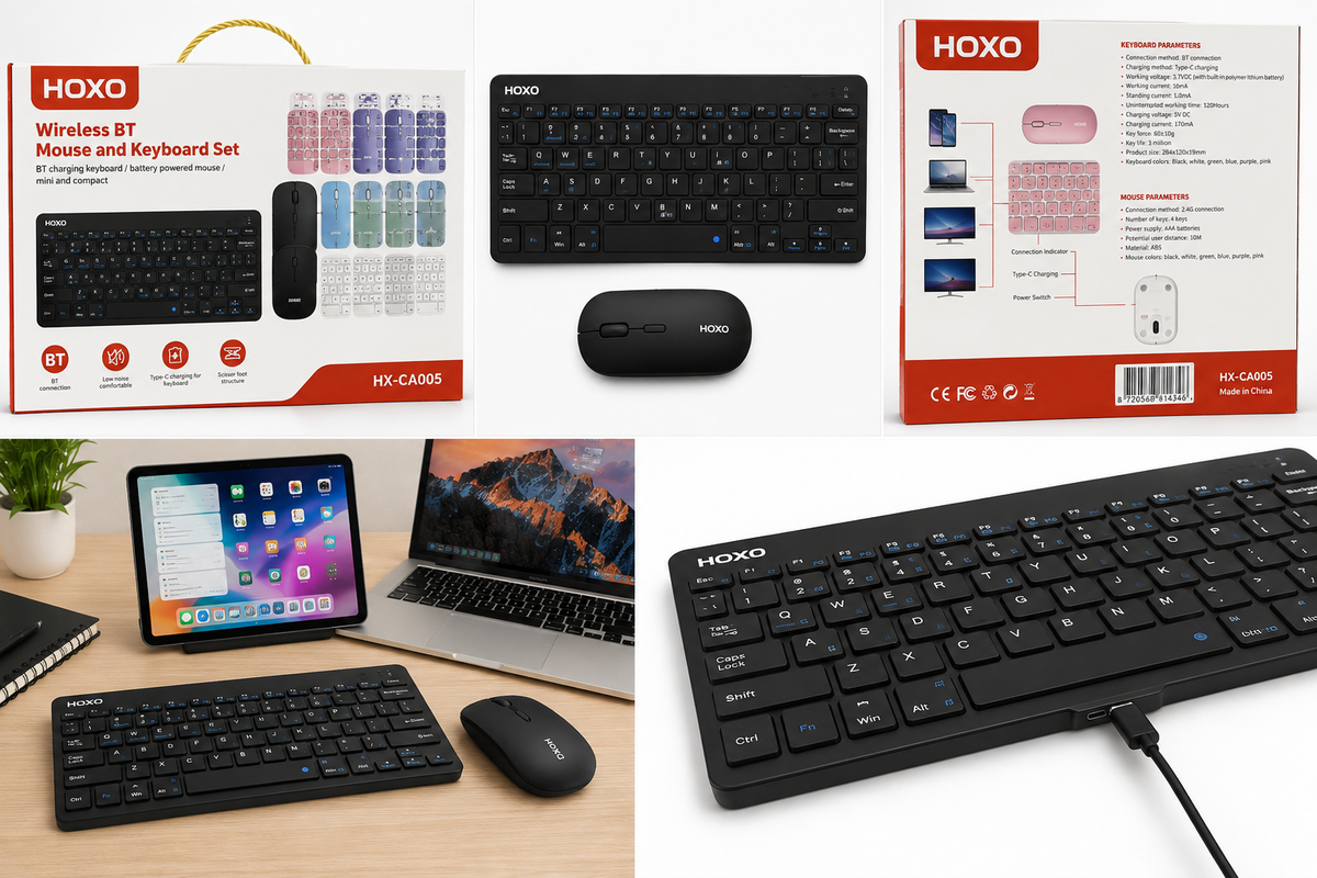 HOXO Wireless Bluetooth Mouse and Keyboard Set - Black/White/Blue