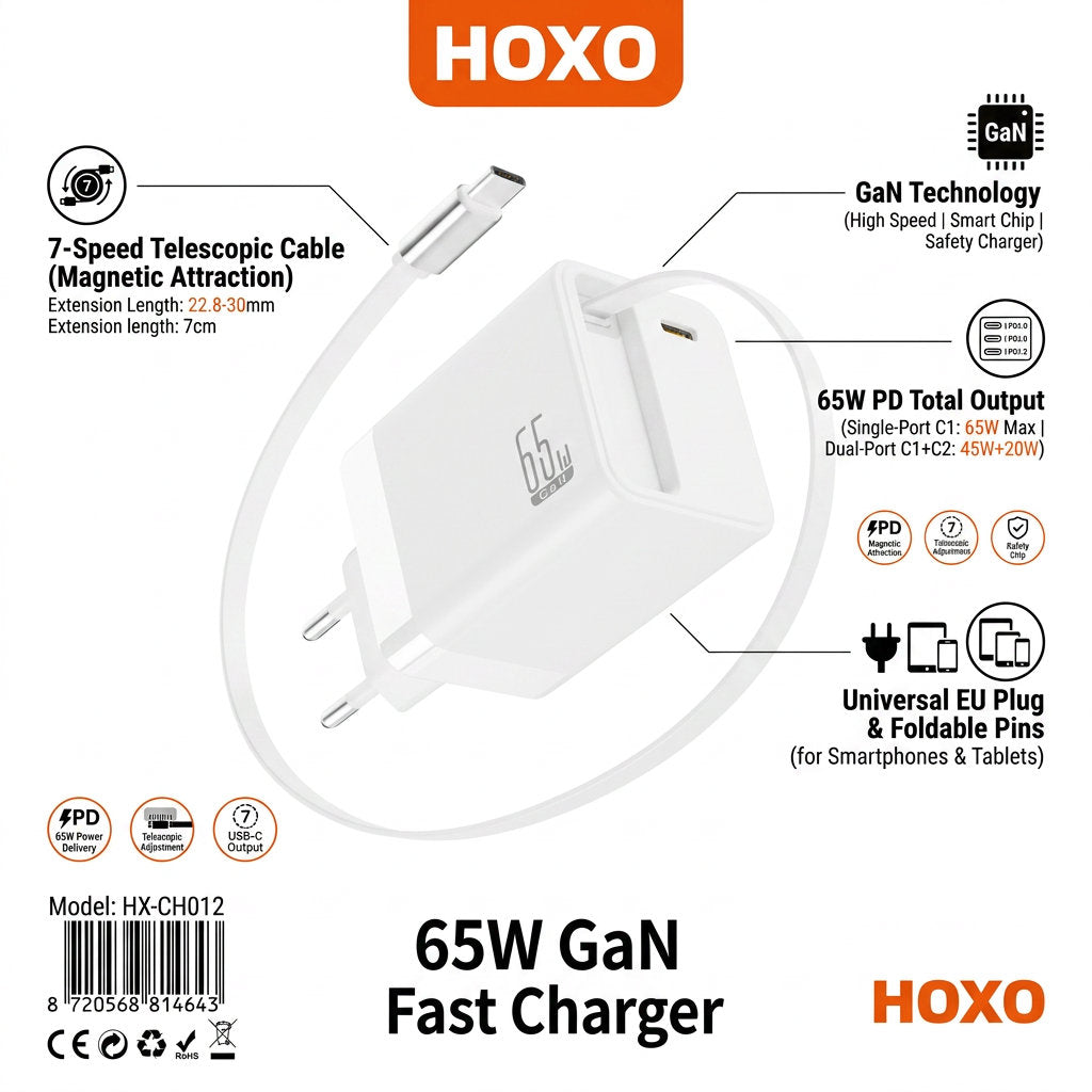 HOXO 65W GaN USB-C oplader met oprolbare kabel – foto 2