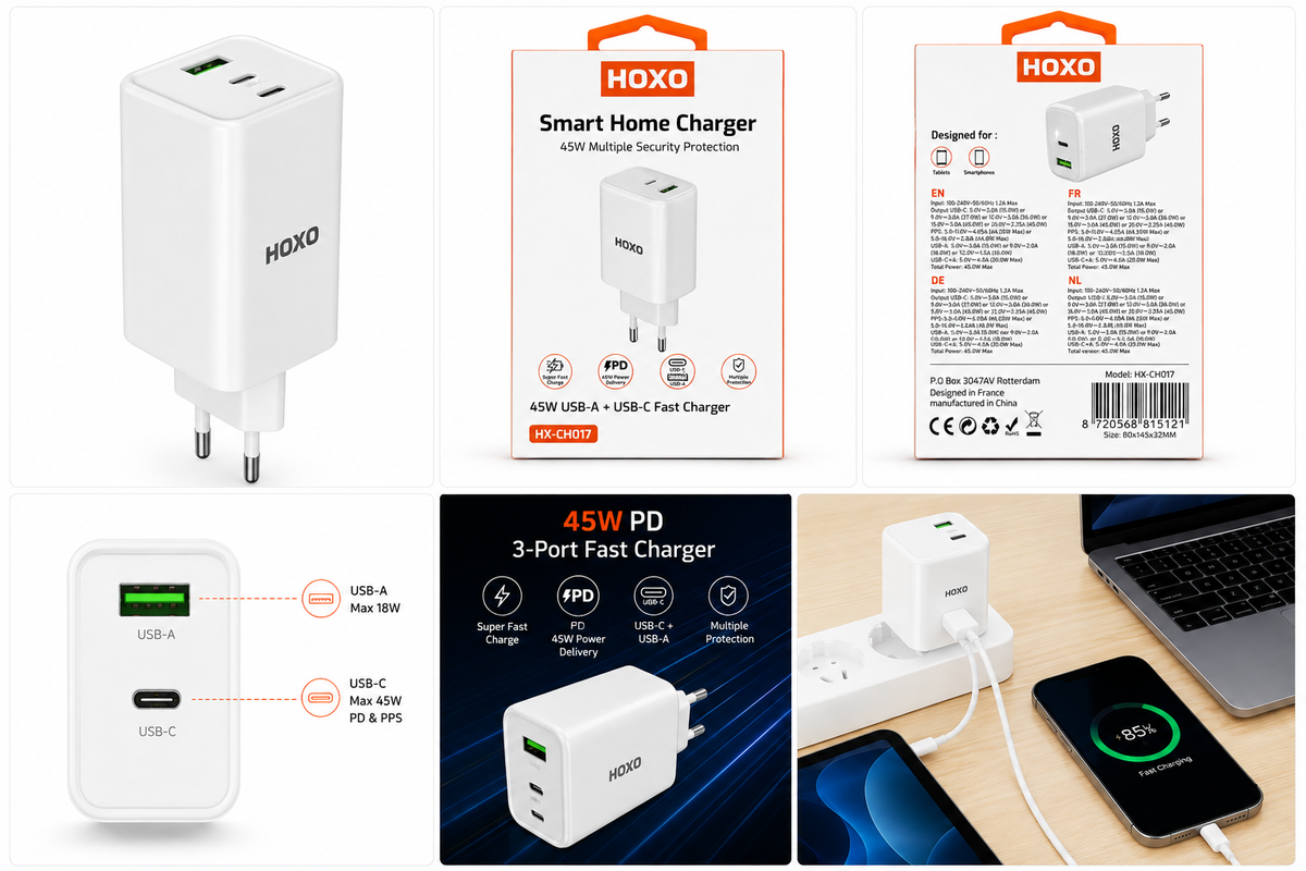 HOXO 45W GaN Adapter with USB-A and Type-C Ports