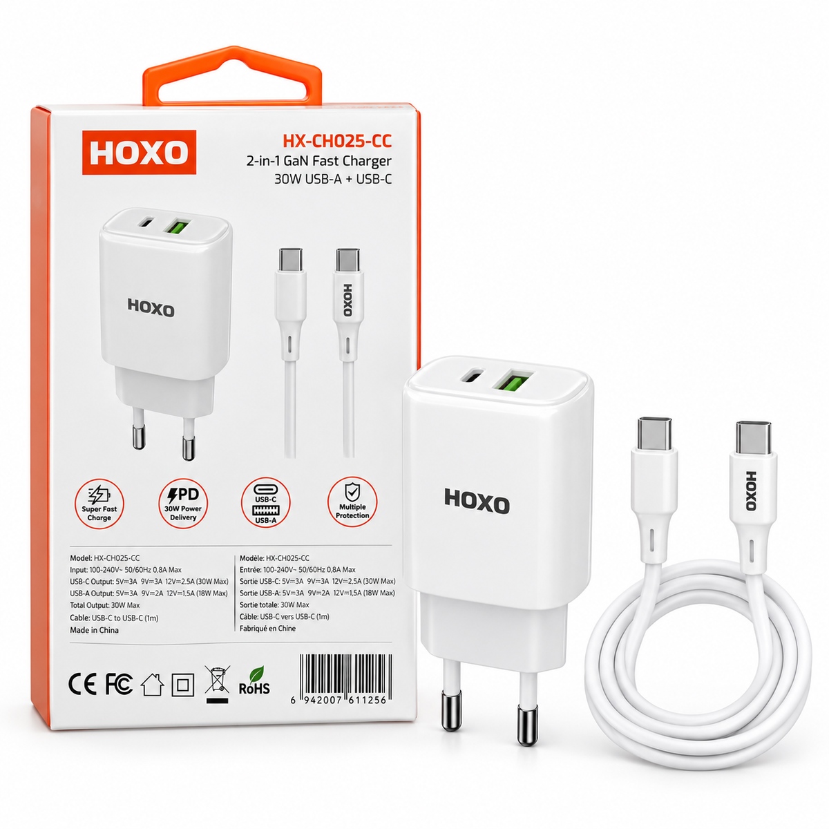 HOXO HX-CH025-CC 30W oplader met USB-C naar USB-C kabel