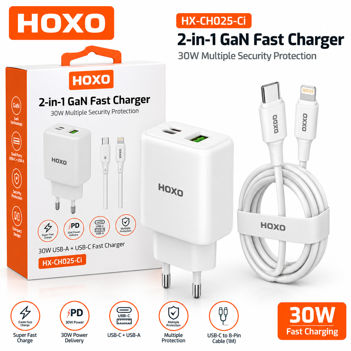 HOXO 30W USB-A and Type-C Ports Adapter with C-to-8pin Cable