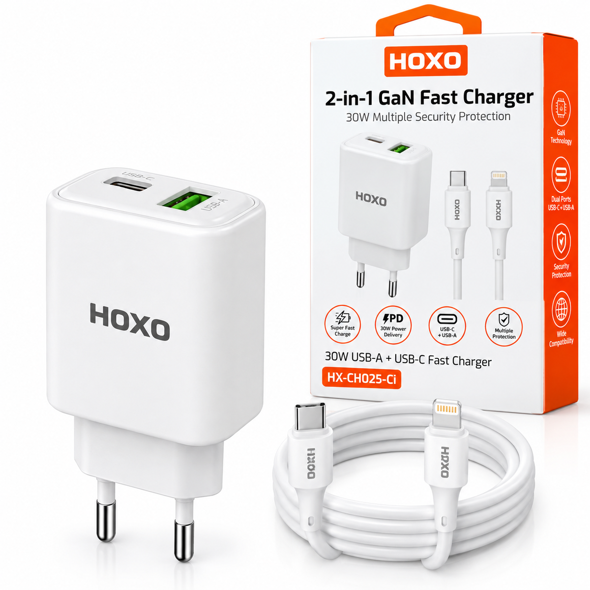 HOXO 30W USB-A and Type-C Ports Adapter with C-to-8pin Cable