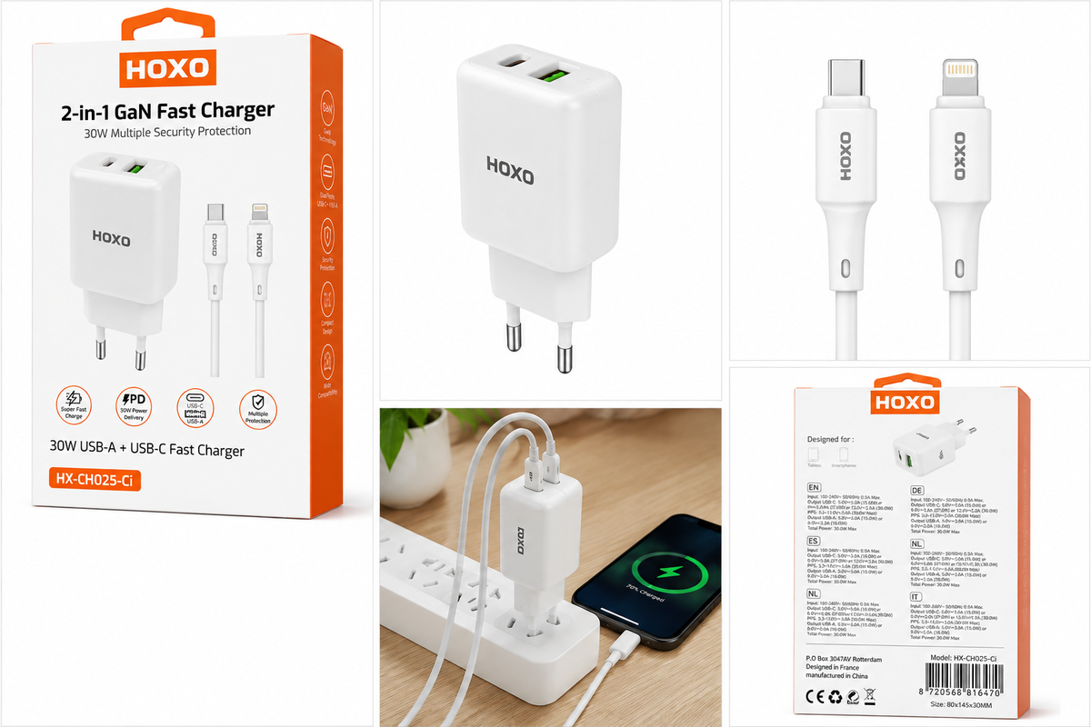 HOXO 30W USB-A and Type-C Ports Adapter with C-to-8pin Cable