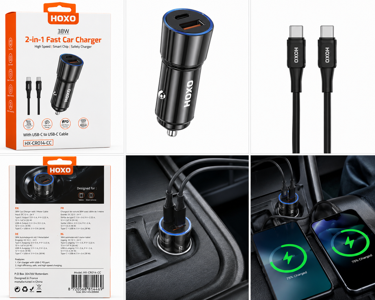 HOXO 38W Car charger(A+C) with C-C cable (Silicone cable)