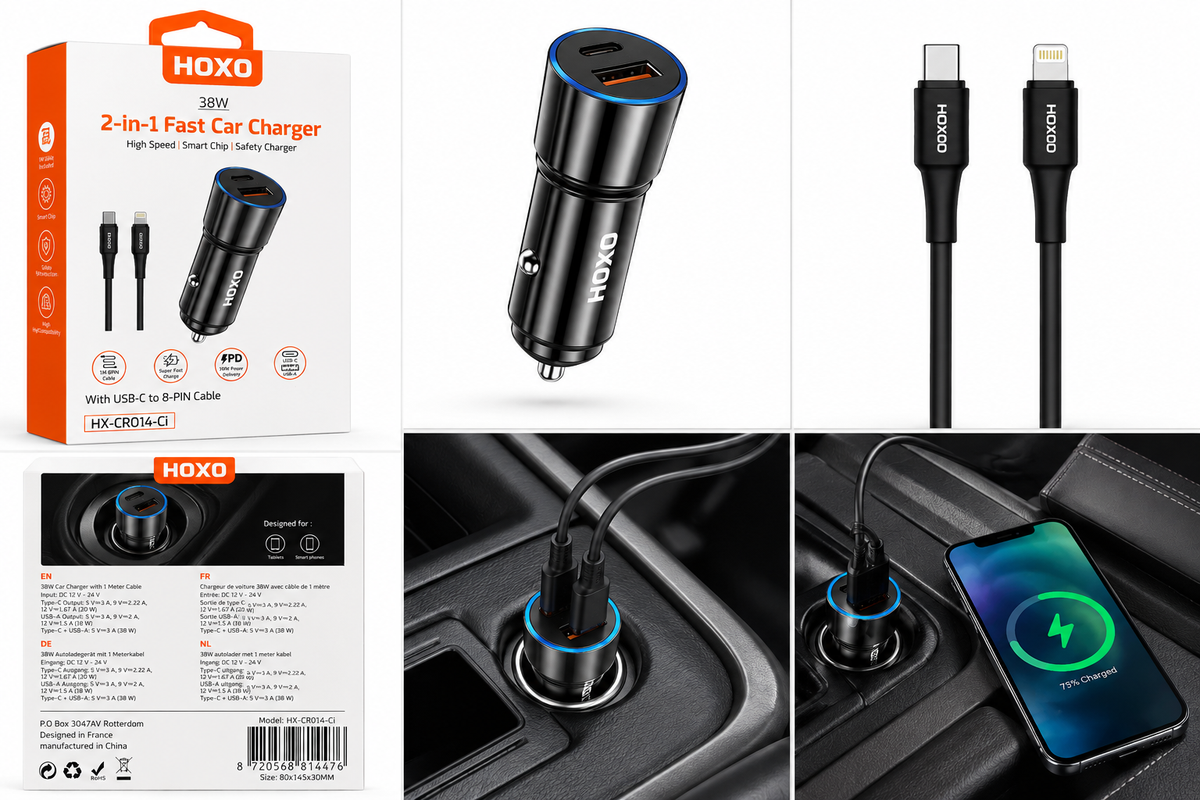 HOXO 38W Car charger(A+C) with C-L cable (Silicone cable)