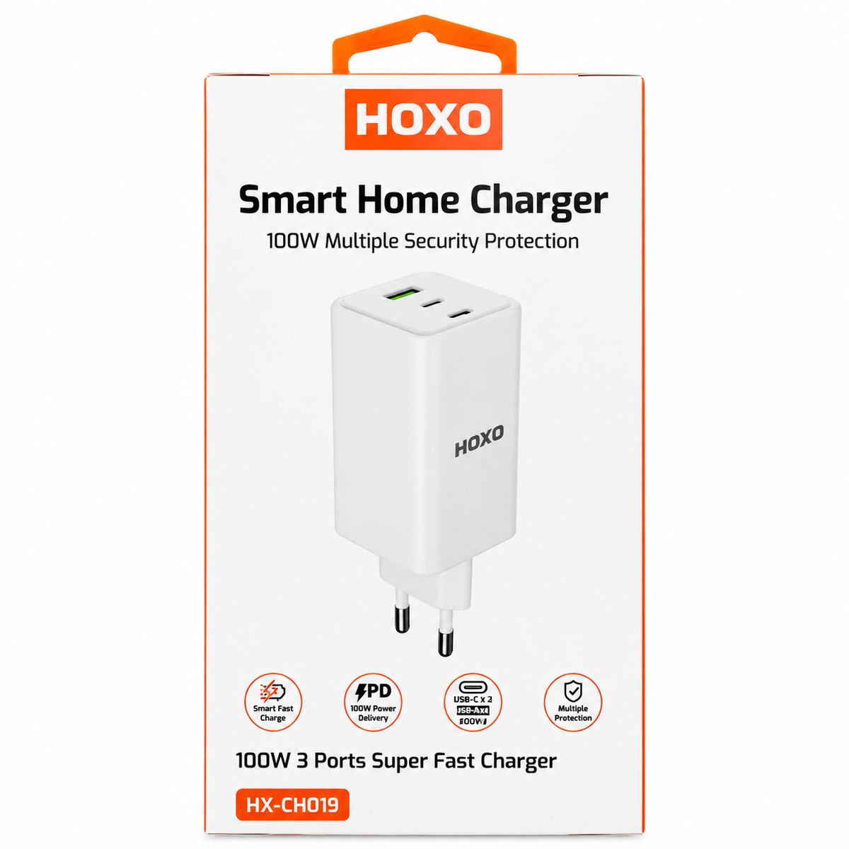 HOXO 100W Max Adapter with 2x Type-C and USB-A Ports – verpakking