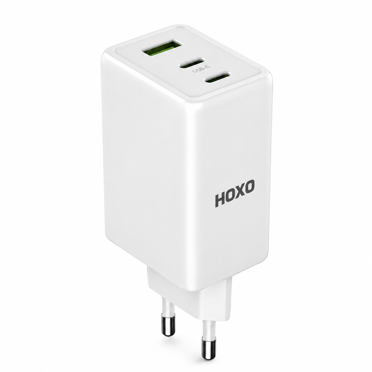 HOXO 65W Max Adapter with 2x Type-C and USB-A Ports — upper-left standalone white 65W charger
