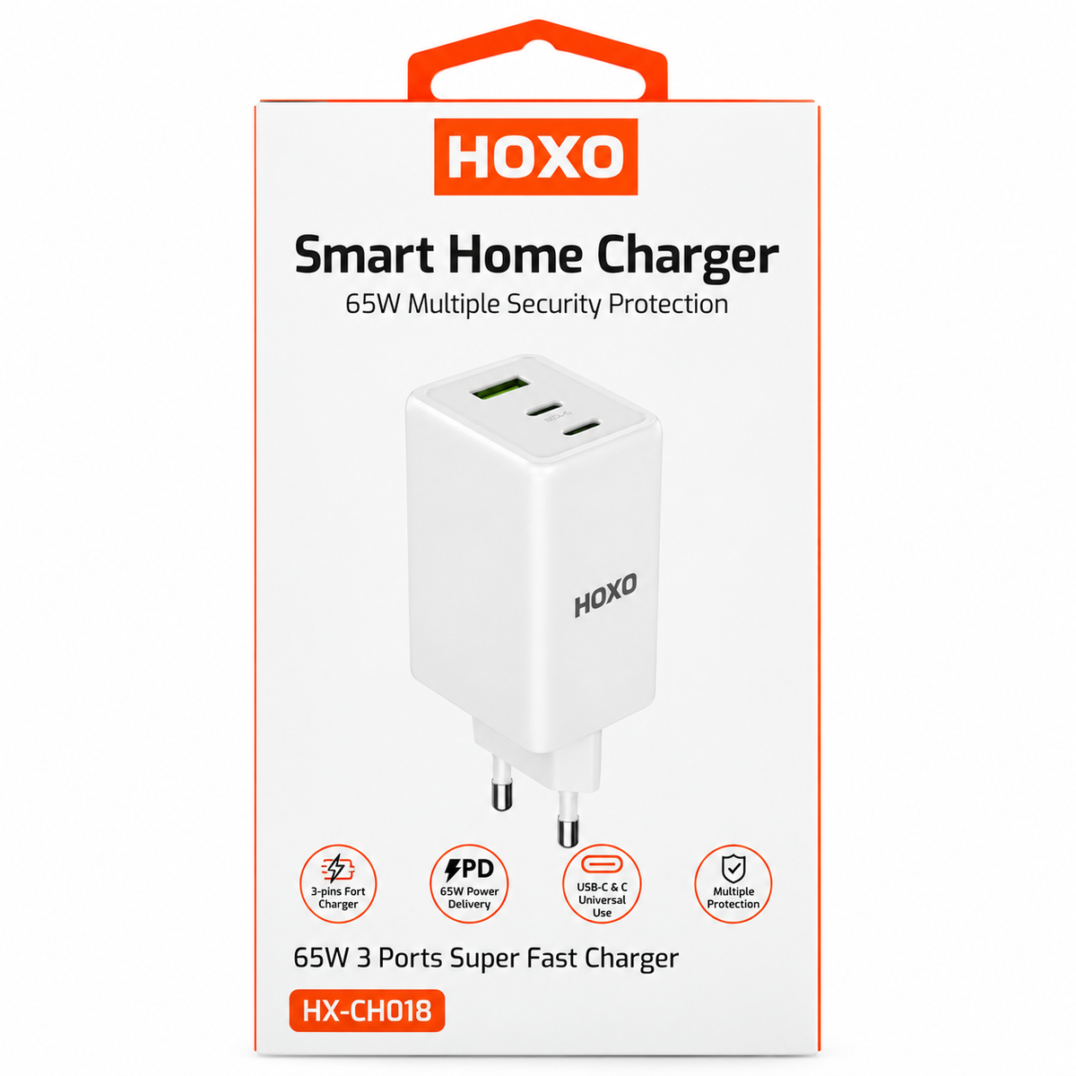 HOXO 65W Max Adapter with 2x Type-C and USB-A Ports — upper-middle package front
