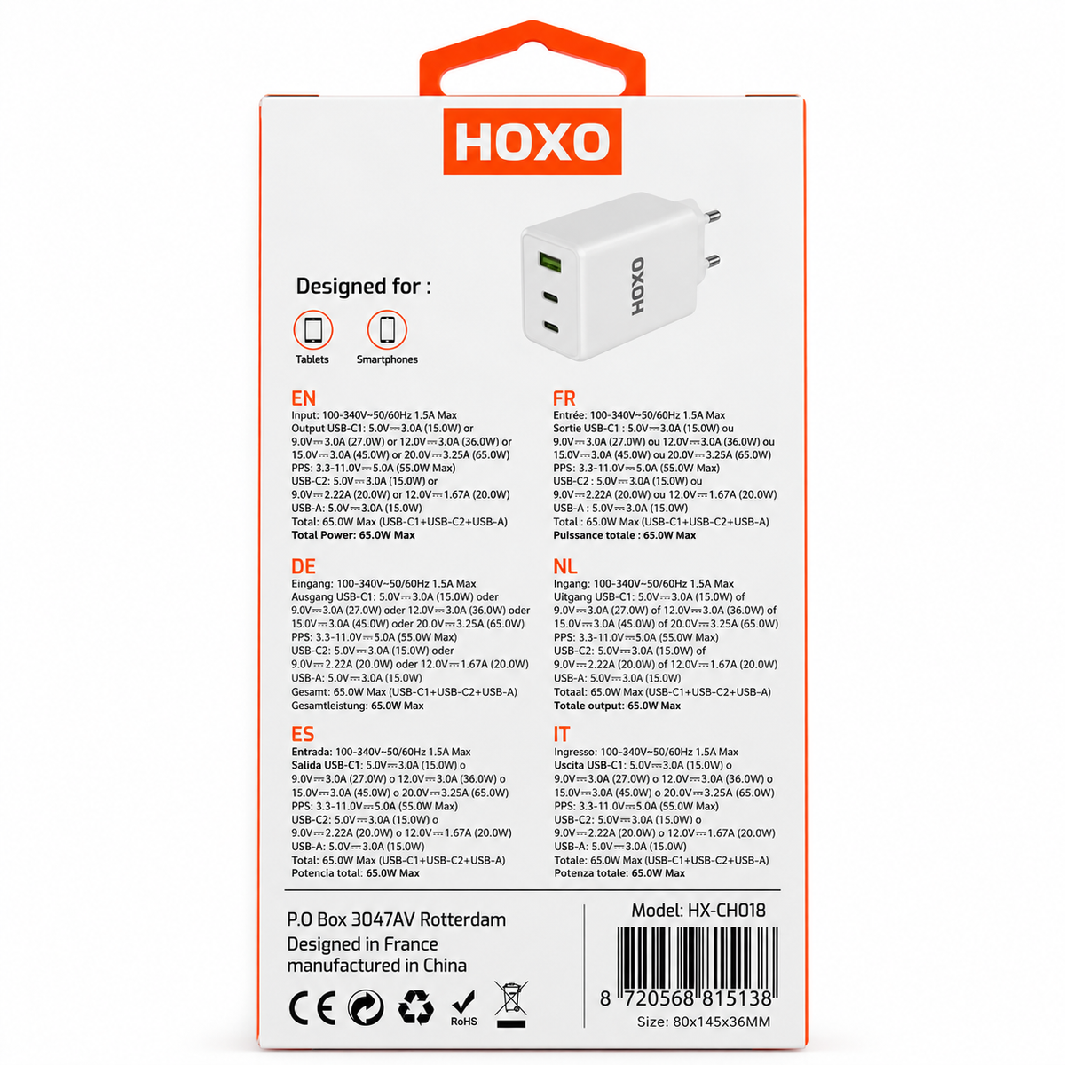 HOXO 65W Max Adapter with 2x Type-C and USB-A Ports — upper-right package back