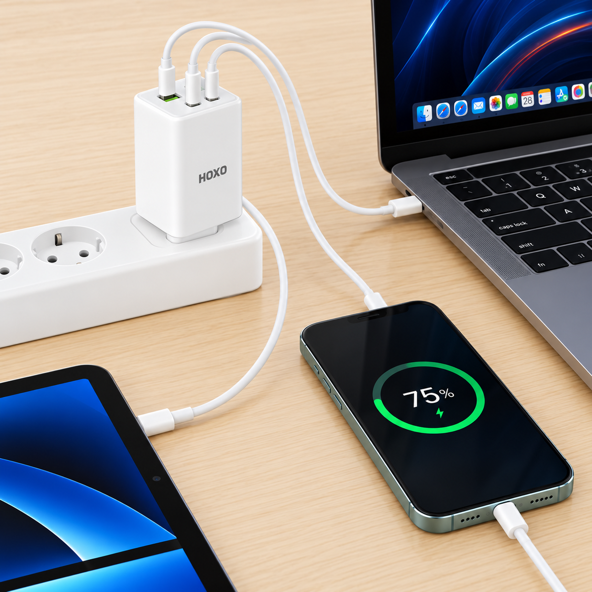 HOXO 65W Max Adapter with 2x Type-C and USB-A Ports — lower-right charger in use