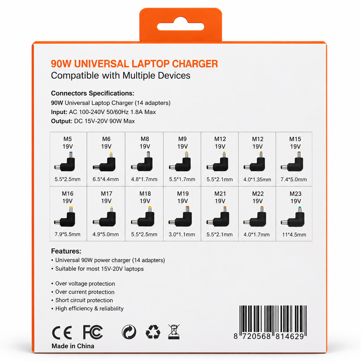 HOXO 90W UNIVERSAL LAPTOP CHARGER 14 PINS — upper-right retail package back