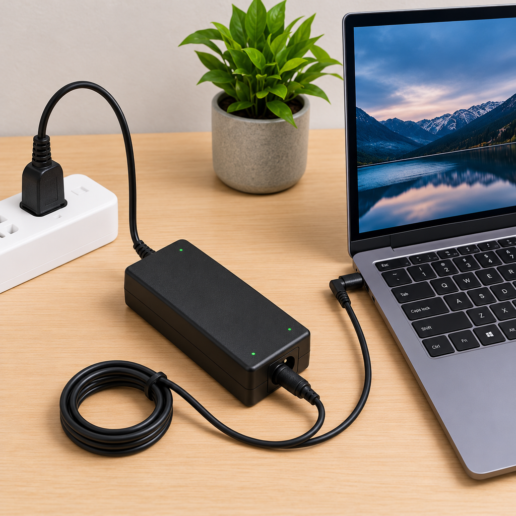 HOXO 90W UNIVERSAL LAPTOP CHARGER 14 PINS — lower-left charger connected to a laptop