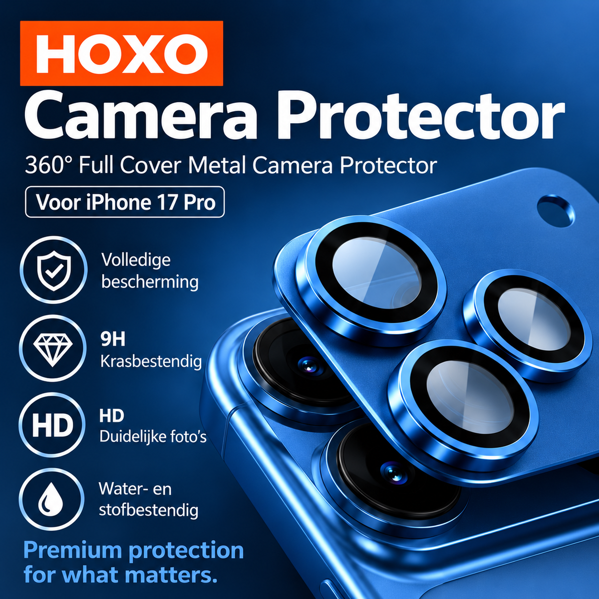 HOXO iPhone 17 Pro camera lens protector — Blue — Product overview
