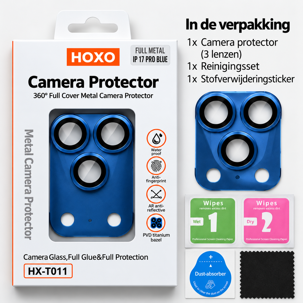 HOXO iPhone 17 Pro camera lens protector — Blue — Packaging