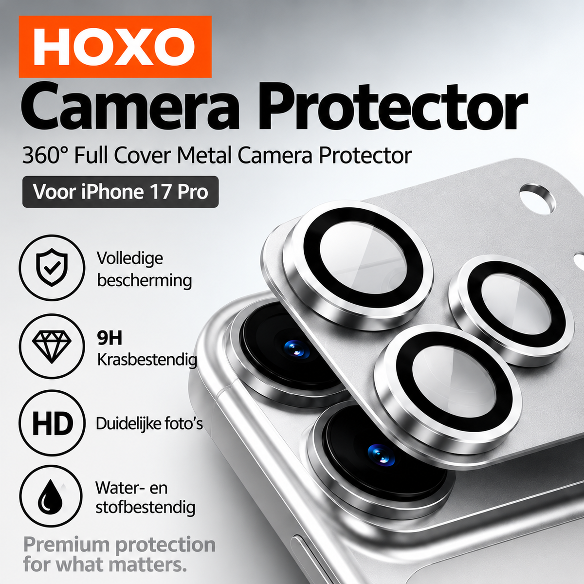 HOXO iPhone 17 Pro camera lens protector — Silver — Product overview